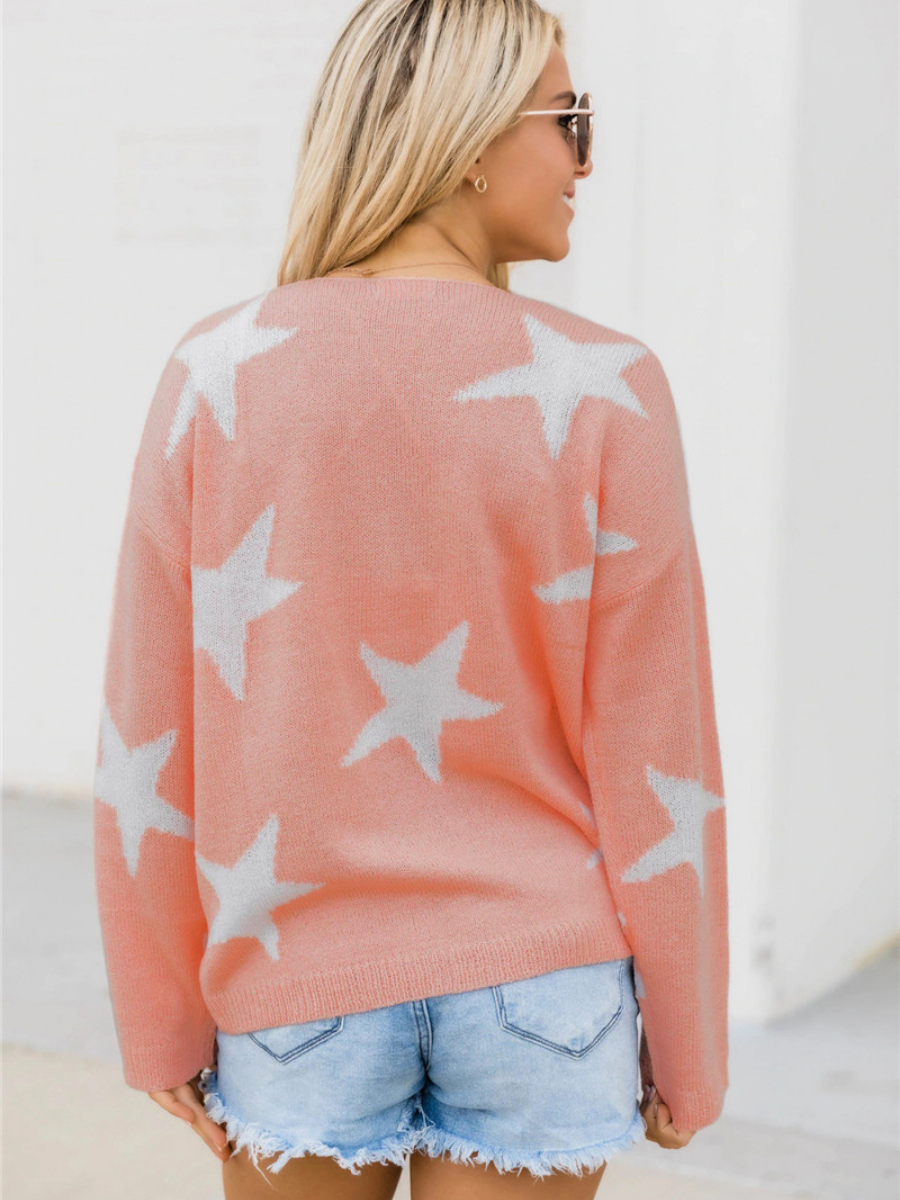 Star Gal Low V Neck Knit Jumper - Pink