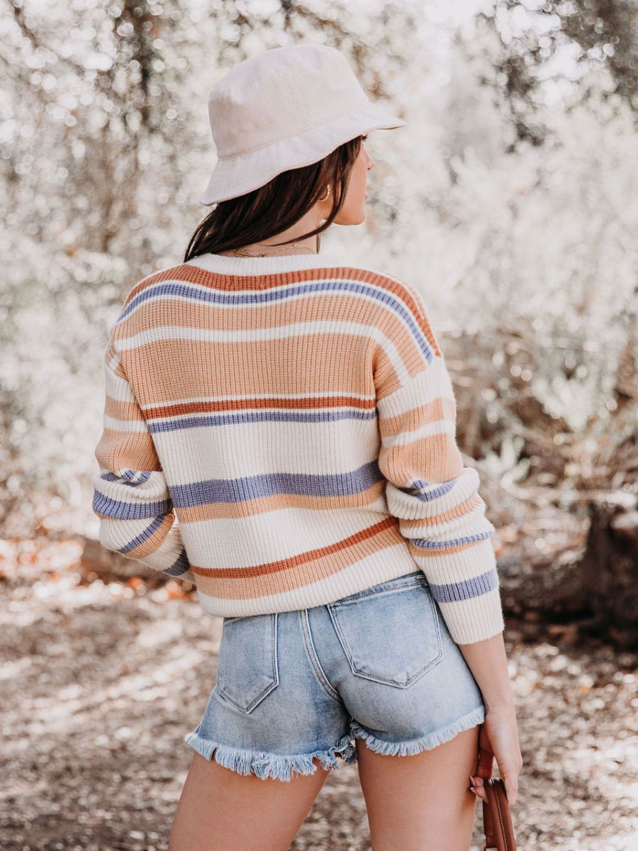 Pink Mauve Stripe Crew Neck Knit Top