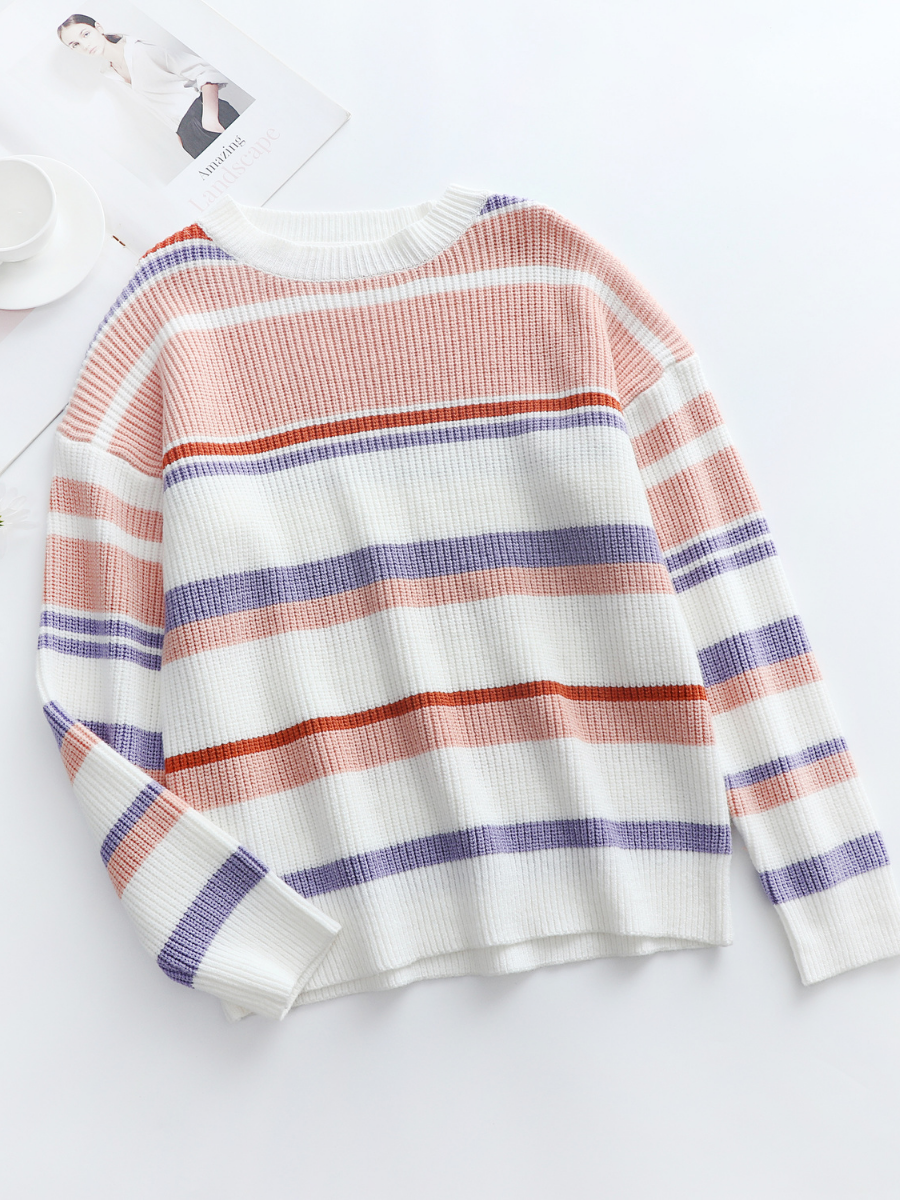 Pink Mauve Stripe Crew Neck Knit Top