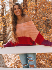 EVELINA Pink Red Tri-Stripe Color Knit Pullover