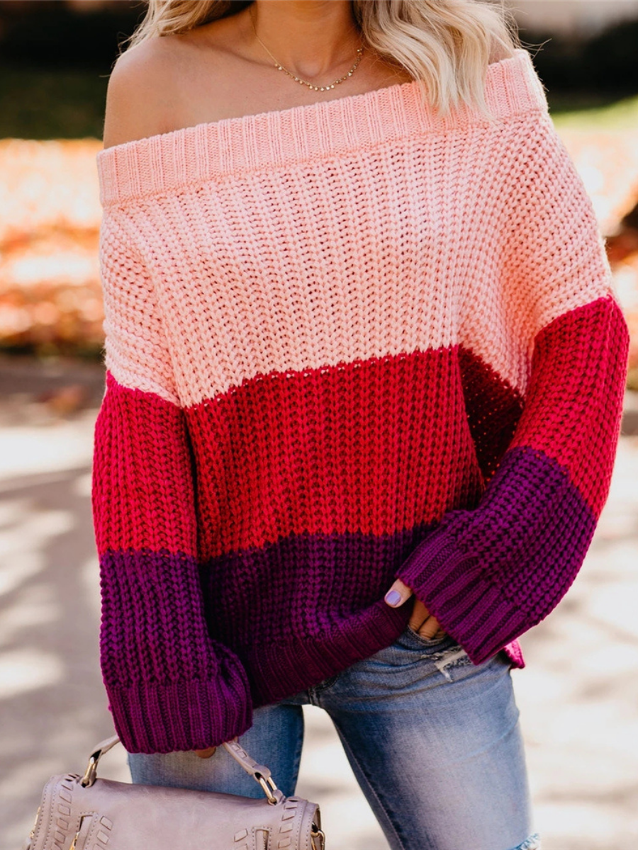 EVELINA Pink Red Tri-Stripe Color Knit Pullover