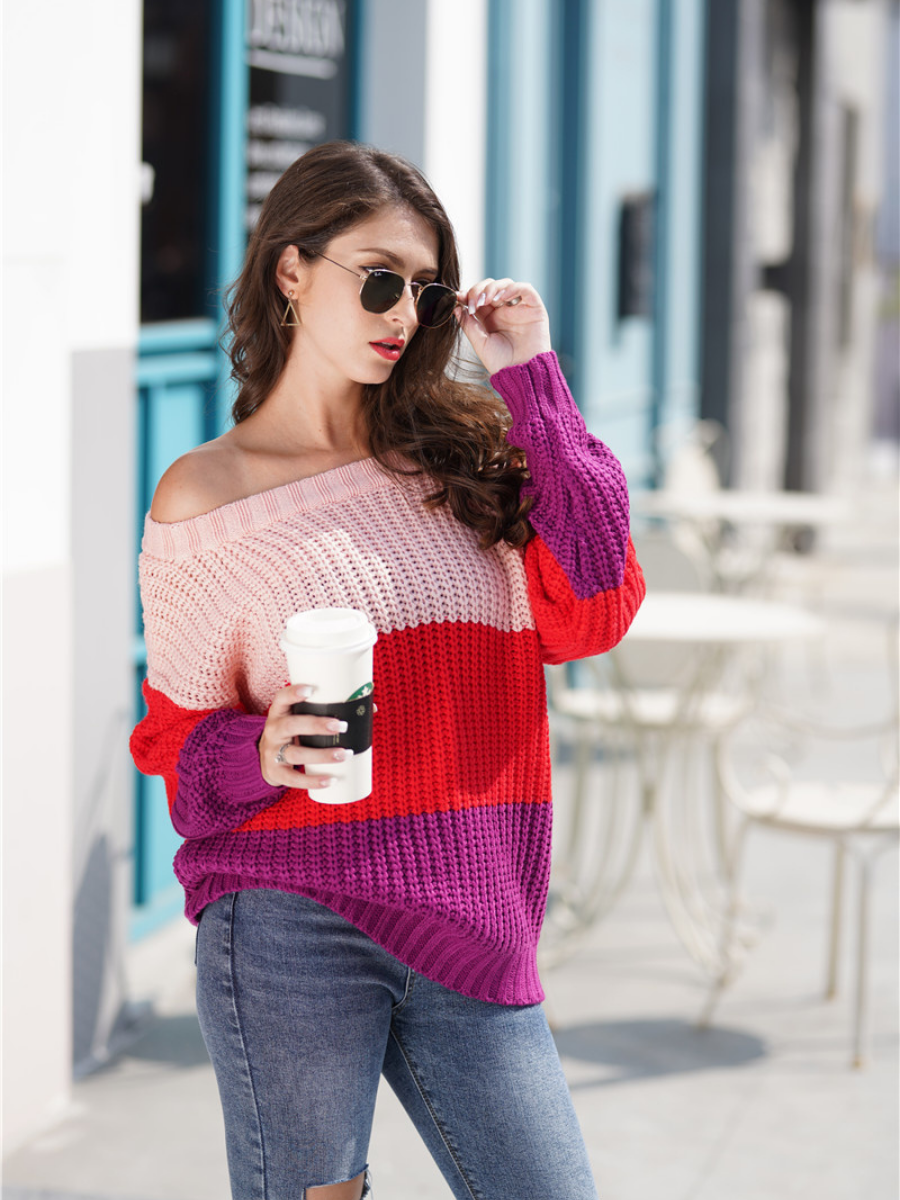 EVELINA Pink Red Tri-Stripe Color Knit Pullover