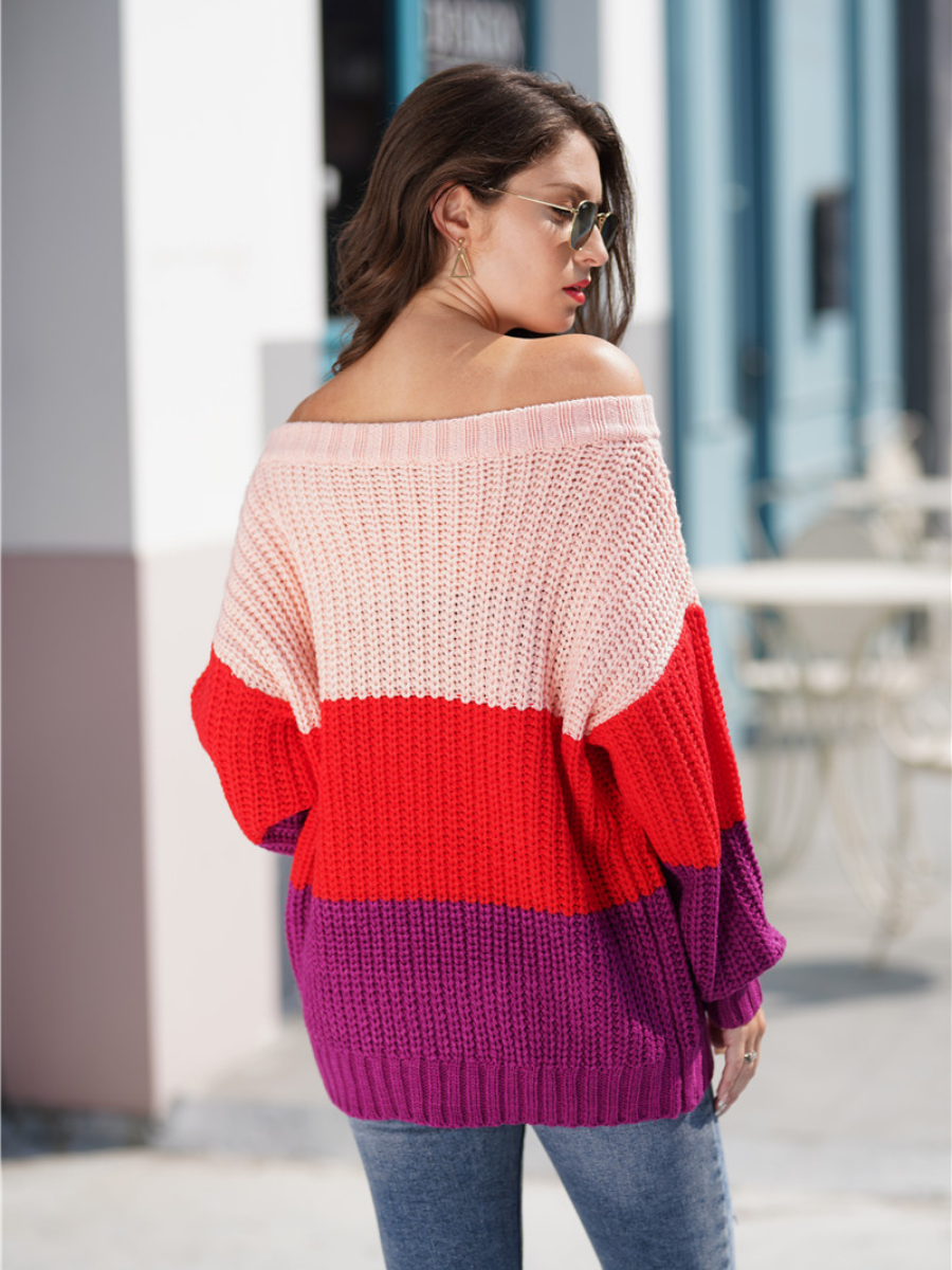 EVELINA Pink Red Tri-Stripe Color Knit Pullover