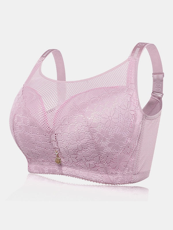 Plus Size Lace Mesh Wireless Adjustable Straps Gather Bra