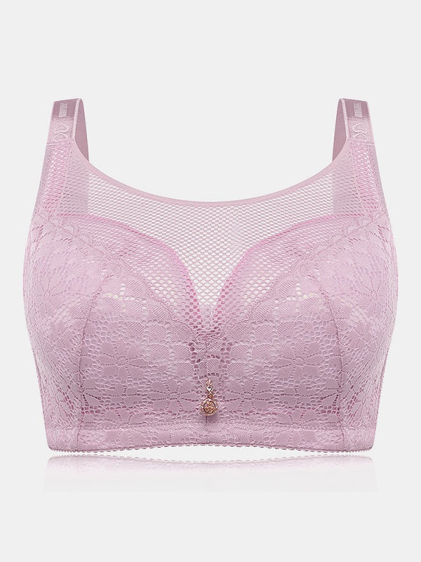 Plus Size Lace Mesh Wireless Adjustable Straps Gather Bra