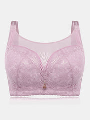 Plus Size Lace Mesh Wireless Adjustable Straps Gather Bra