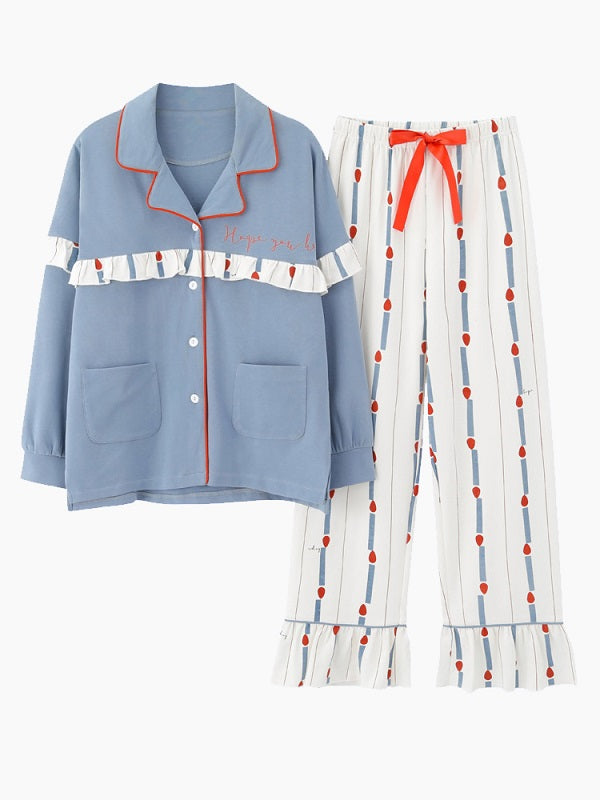 Plus Size Lapel Long Sleeve Cotton Printed Pajama Set
