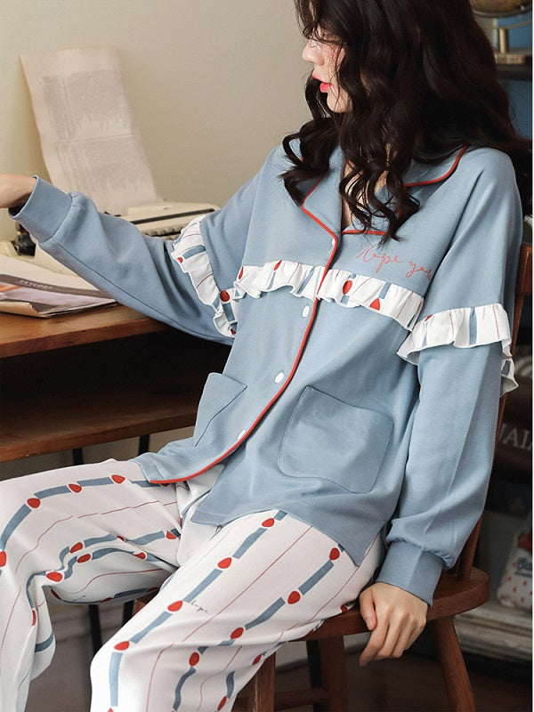 Plus Size Lapel Long Sleeve Cotton Printed Pajama Set