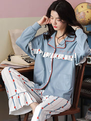 Plus Size Lapel Long Sleeve Cotton Printed Pajama Set