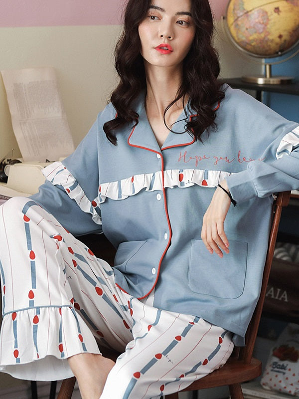 Plus Size Lapel Long Sleeve Cotton Printed Pajama Set