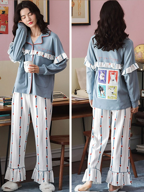Plus Size Lapel Long Sleeve Cotton Printed Pajama Set