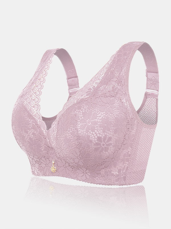 Plus Size See Through Floral Lace Wireless Gather Bra