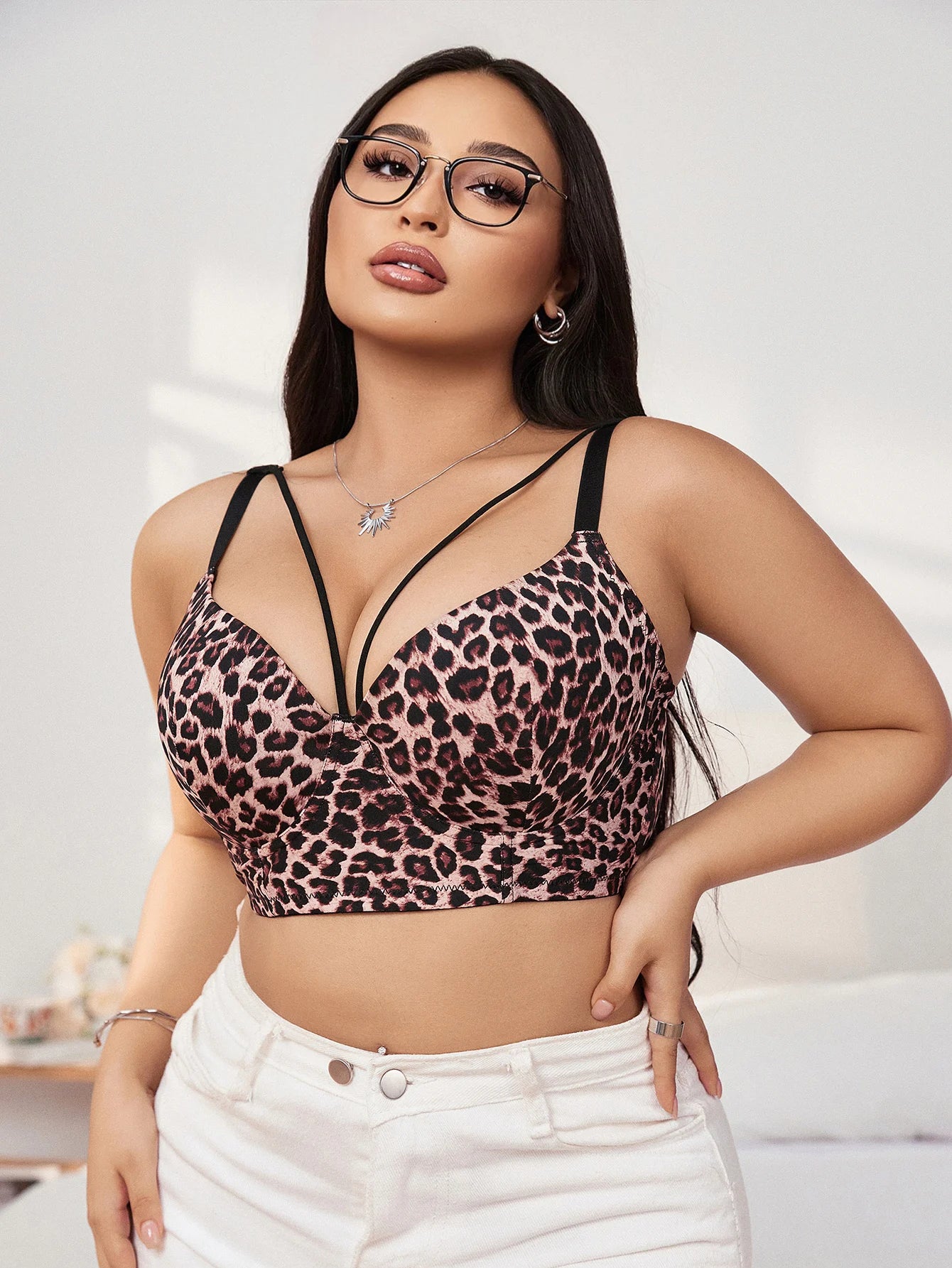 Plus Size Underwear Half Cup Gathering Push Up Leopard Print Design Bra