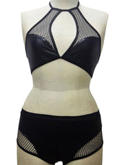 Pole Dance Costumes Net Cut Out Semi Sheer PU Leather Night Club Wear