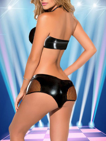Pole Dance Costumes Net Cut Out Semi Sheer PU Leather Night Club Wear