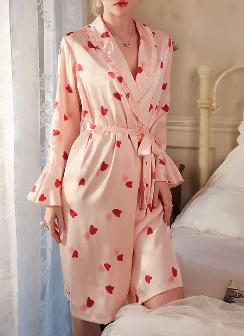 Print Bathrobe Satin Robe Long Sleeve Soft Sleepwear Nightgowns