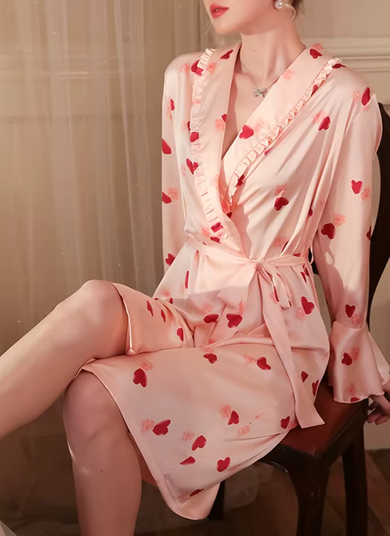 Print Bathrobe Satin Robe Long Sleeve Soft Sleepwear Nightgowns