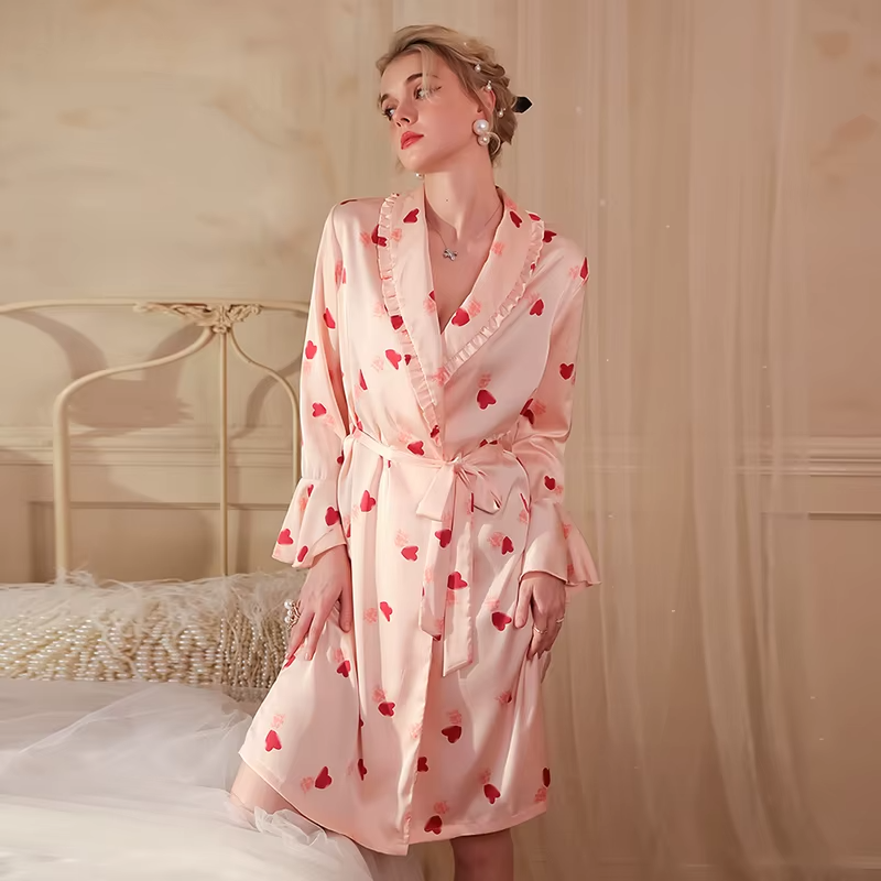 Print Bathrobe Satin Robe Long Sleeve Soft Sleepwear Nightgowns