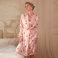 Print Bathrobe Satin Robe Long Sleeve Soft Sleepwear Nightgowns