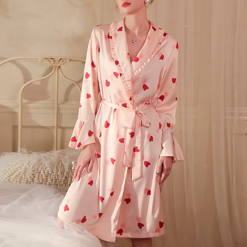 Print Bathrobe Satin Robe Long Sleeve Soft Sleepwear Nightgowns