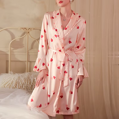 Print Bathrobe Satin Robe Long Sleeve Soft Sleepwear Nightgowns