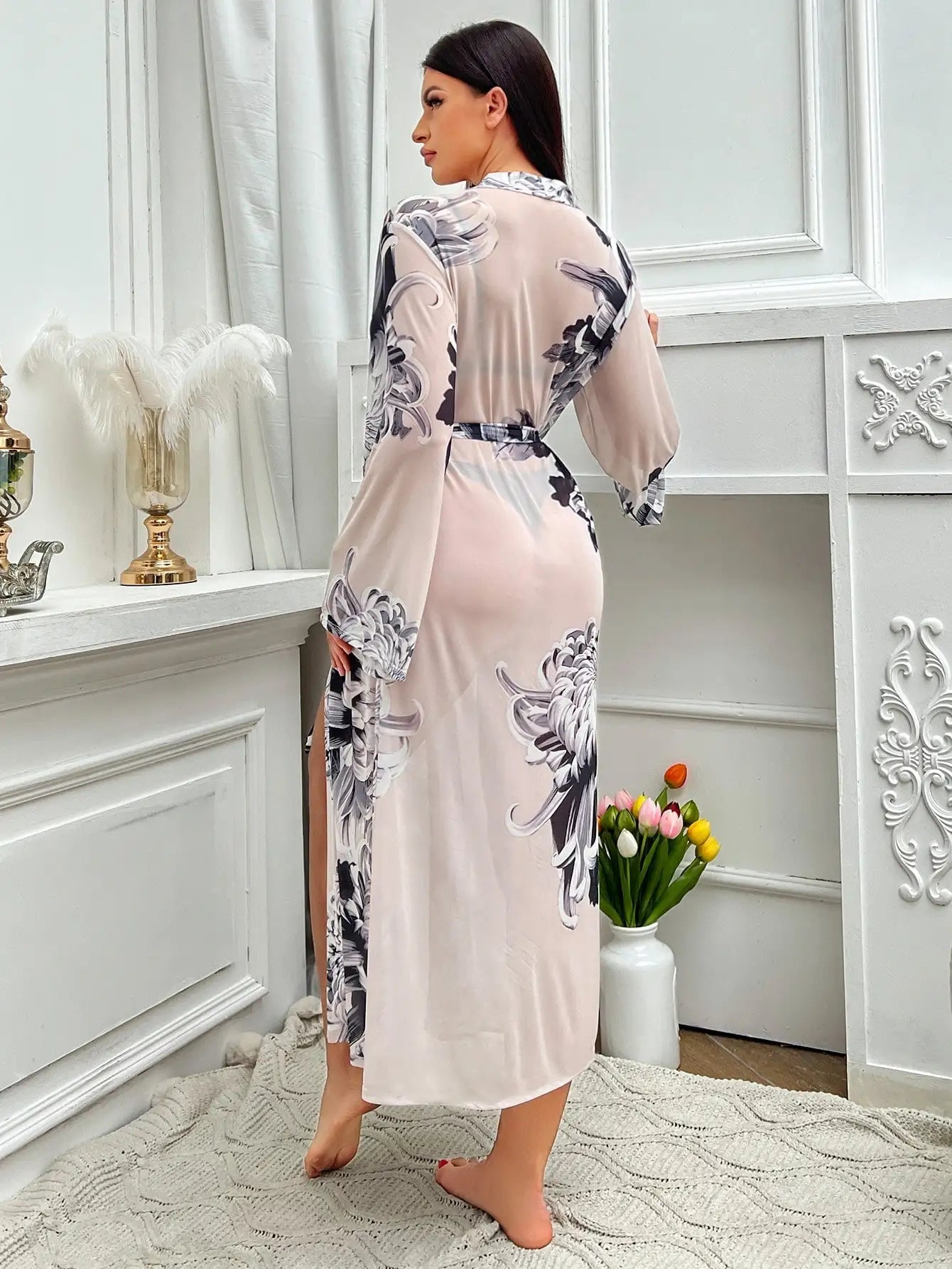 Print Belted Bridesmaid Robe Open Side Long Night Gown