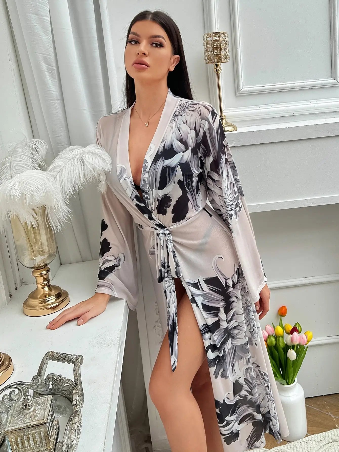 Print Belted Bridesmaid Robe Open Side Long Night Gown