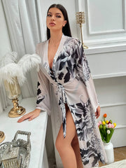 Print Belted Bridesmaid Robe Open Side Long Night Gown