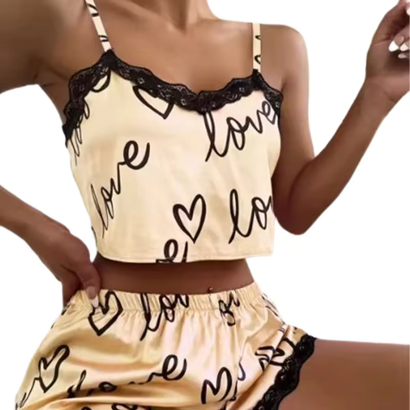 Print Lingerie Camisoles Tanks Nighty Sleepwear 2 Pieces Set Pajama Shorts Suit