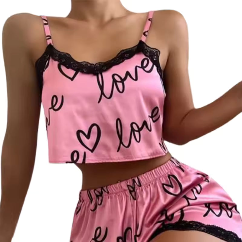 Print Lingerie Camisoles Tanks Nighty Sleepwear 2 Pieces Set Pajama Shorts Suit