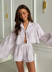 Printing Long Sleeve Pajama Turn-Down Collar Nightie Lace Up Sleepwear Set