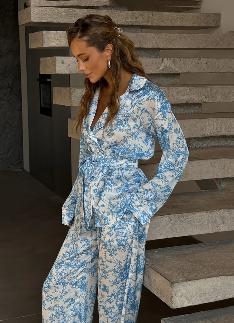 Printing Long Sleeve Robe Turn-Down Collar Pajamas Lace Up Pants Casual Sleepwear Set