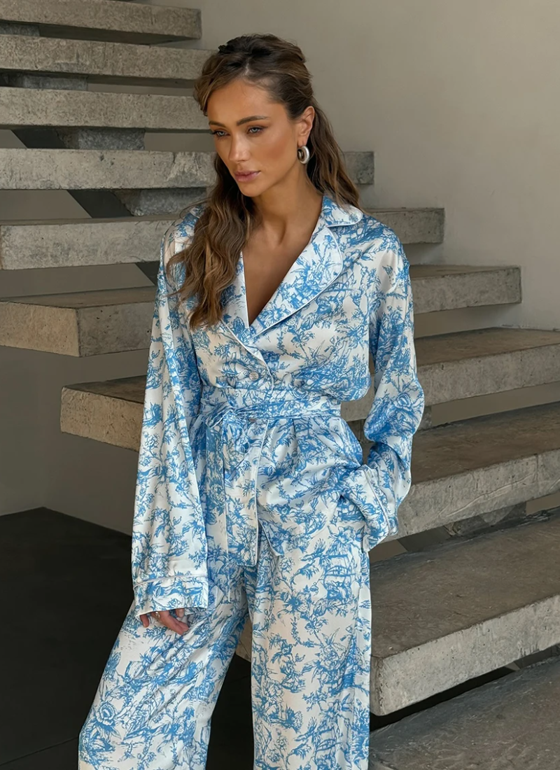 Printing Long Sleeve Robe Turn-Down Collar Pajamas Lace Up Pants Casual Sleepwear Set