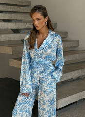 Printing Long Sleeve Robe Turn-Down Collar Pajamas Lace Up Pants Casual Sleepwear Set