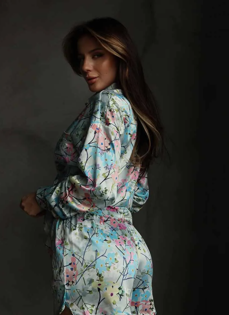 Printing Long Sleeve Turn-Down Collar Shorts Casual Ladies Pajamas Suit