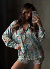 Printing Long Sleeve Turn-Down Collar Shorts Casual Ladies Pajamas Suit