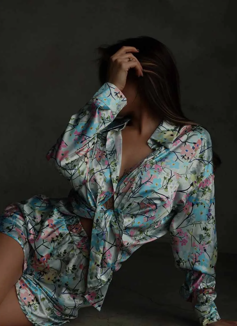 Printing Long Sleeve Turn-Down Collar Shorts Casual Ladies Pajamas Suit