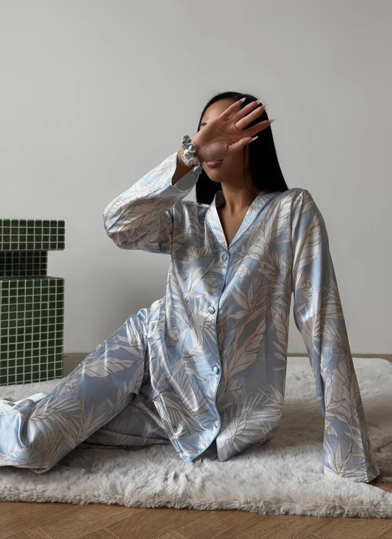 Printing Sleepwear Set Long Sleeve Turn-Down Collar Nightwear Pants Pajama 2 Piece Suit