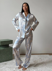 Printing Sleepwear Set Long Sleeve Turn-Down Collar Nightwear Pants Pajama 2 Piece Suit