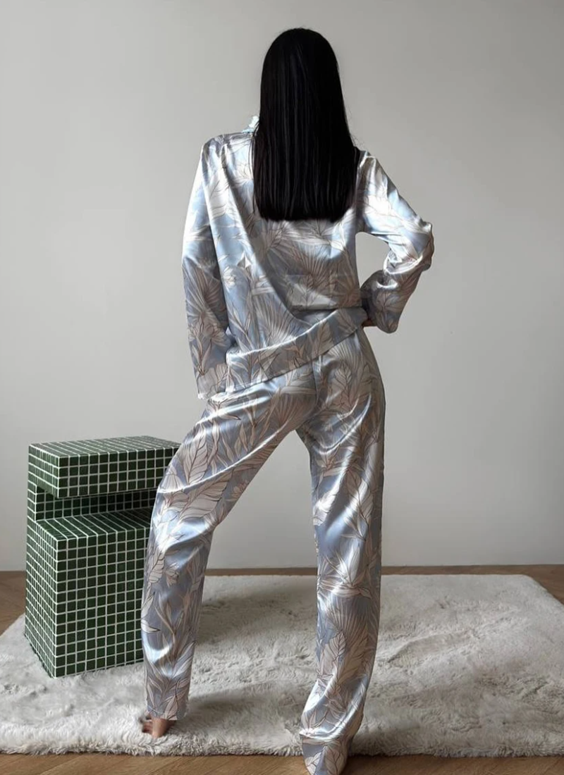 Printing Sleepwear Set Long Sleeve Turn-Down Collar Nightwear Pants Pajama 2 Piece Suit