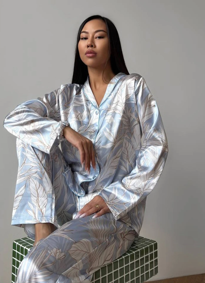Printing Sleepwear Set Long Sleeve Turn-Down Collar Nightwear Pants Pajama 2 Piece Suit