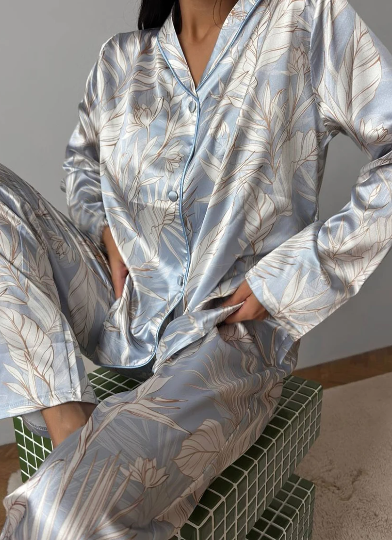 Printing Sleepwear Set Long Sleeve Turn-Down Collar Nightwear Pants Pajama 2 Piece Suit