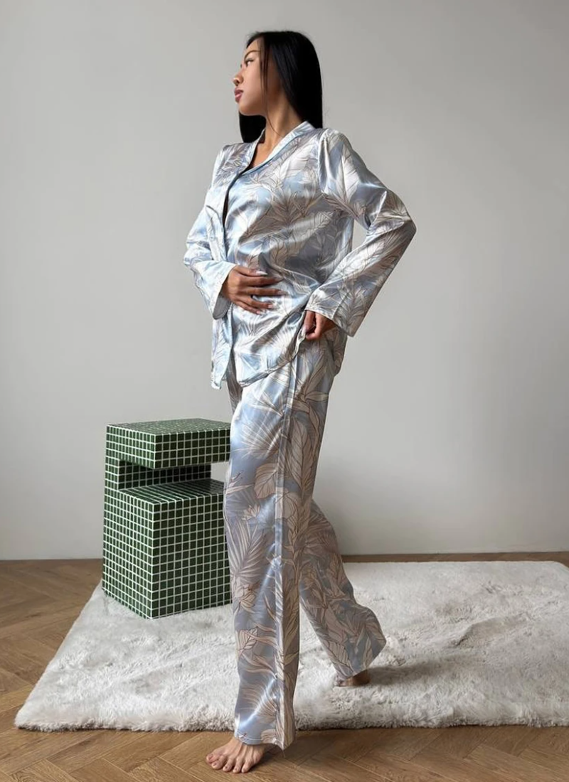 Printing Sleepwear Set Long Sleeve Turn-Down Collar Nightwear Pants Pajama 2 Piece Suit