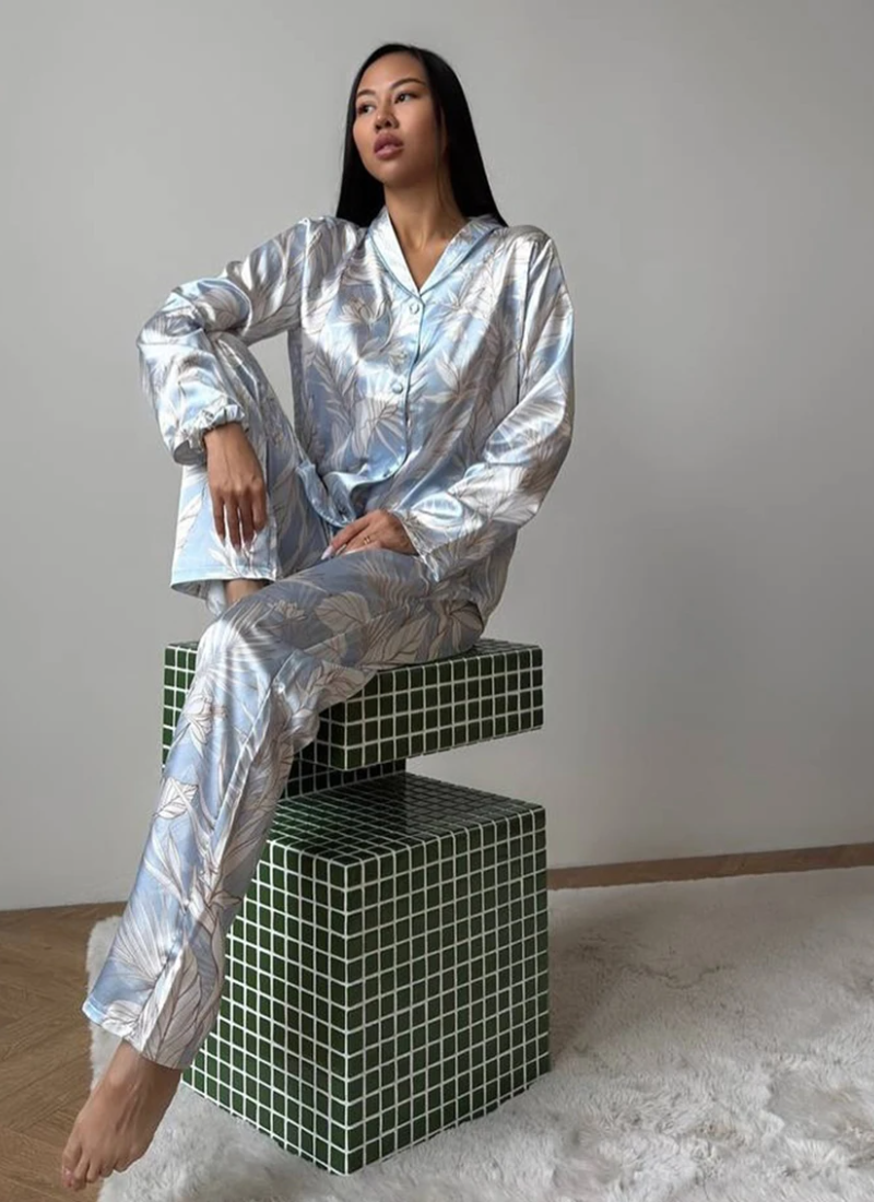 Printing Sleepwear Set Long Sleeve Turn-Down Collar Nightwear Pants Pajama 2 Piece Suit