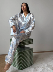 Printing Sleepwear Set Long Sleeve Turn-Down Collar Nightwear Pants Pajama 2 Piece Suit