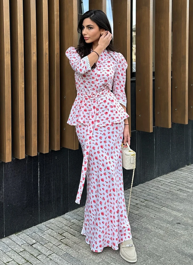 Printing Three Quarter Sleeve Nightgowns Turn-Down Collar Nightwear Long Skirt