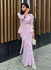 Printing Three Quarter Sleeve Nightgowns Turn-Down Collar Nightwear Long Skirt
