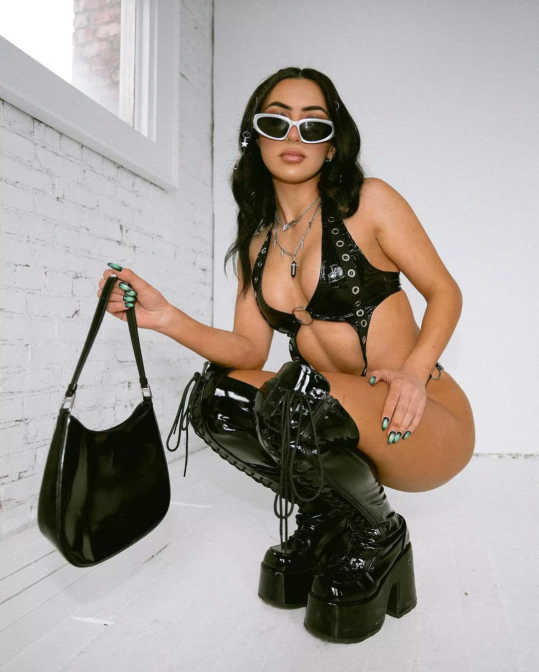 Punk Style Baddie Club Music Outfits Latex PVC Matching Sets
