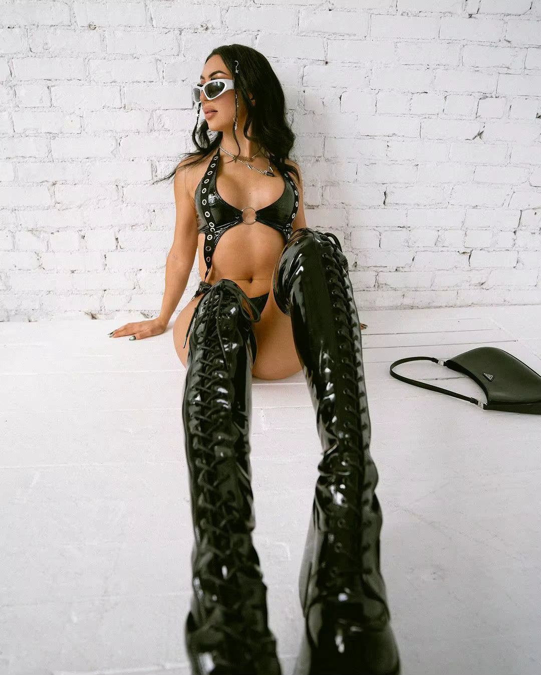 Punk Style Baddie Club Music Outfits Latex PVC Matching Sets