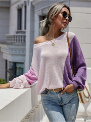 GRANIA Two Tone Color Block Knit Sweater - Purple